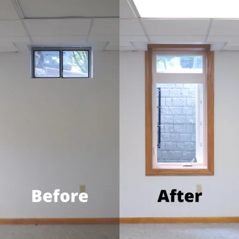 Photo showing the before and after of a egress window